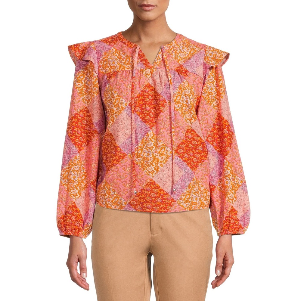 Time and Tru Paisley Patchwork Flutter Sleeve Blouse Size XL Festival Colorful